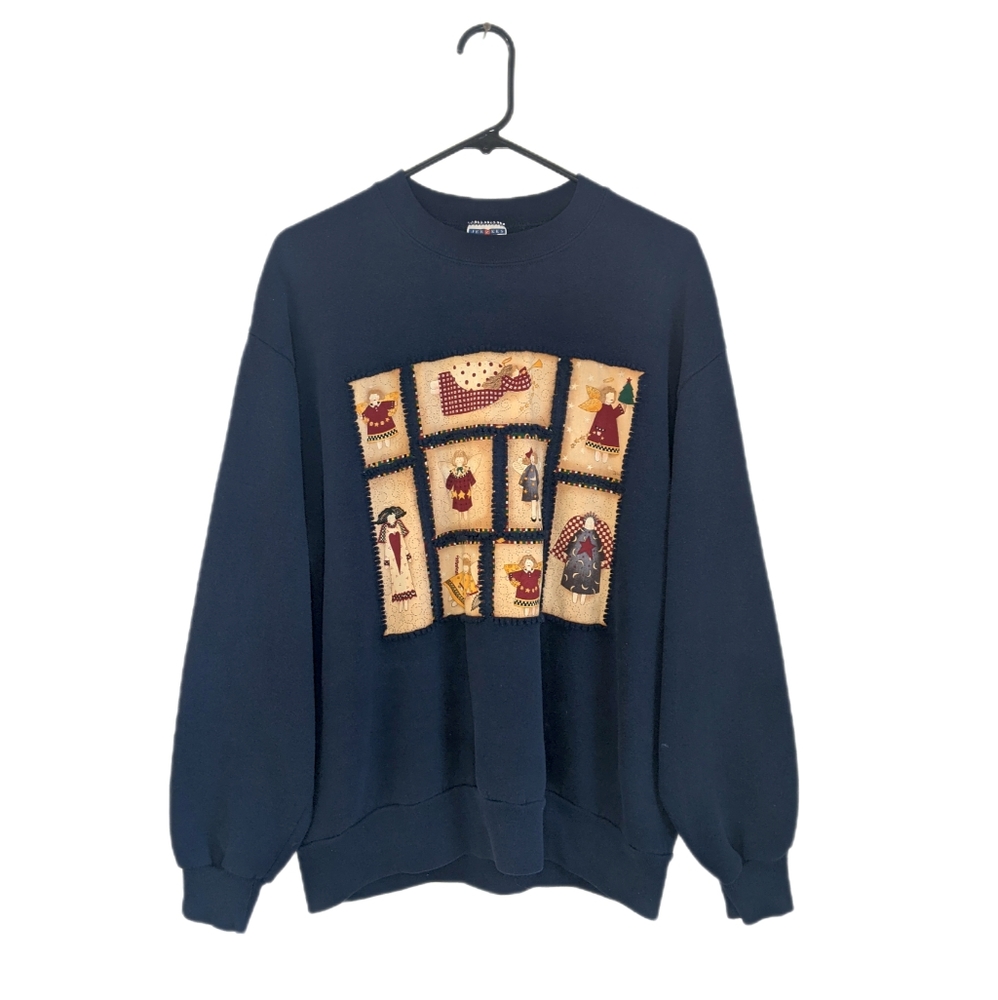 Vintage 90s Folk Art Angels Patchwork Cut Out Raggedy Ann Christmas Sweatshirt